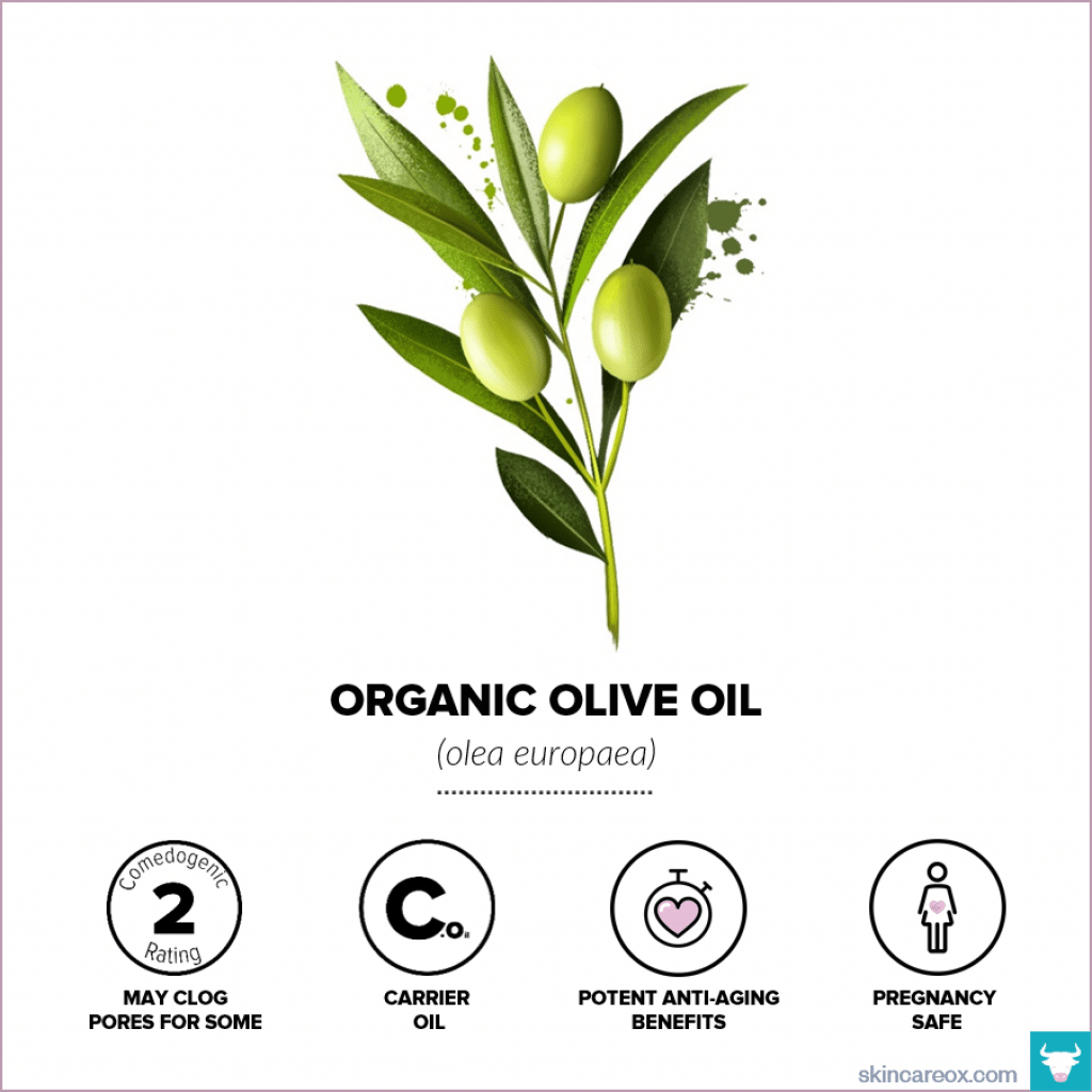 Organic skin care oils. Organic olive oil infographic with comedogenic rating, safety information, and useful tips.